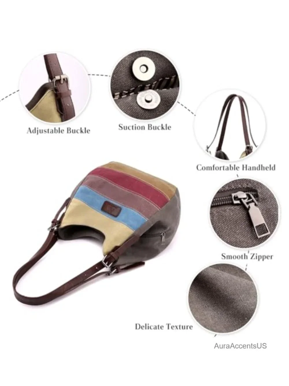 Canvas Shoulder Bag Multi Striped Handbag Large Capacity Top Handle Hobo Tote